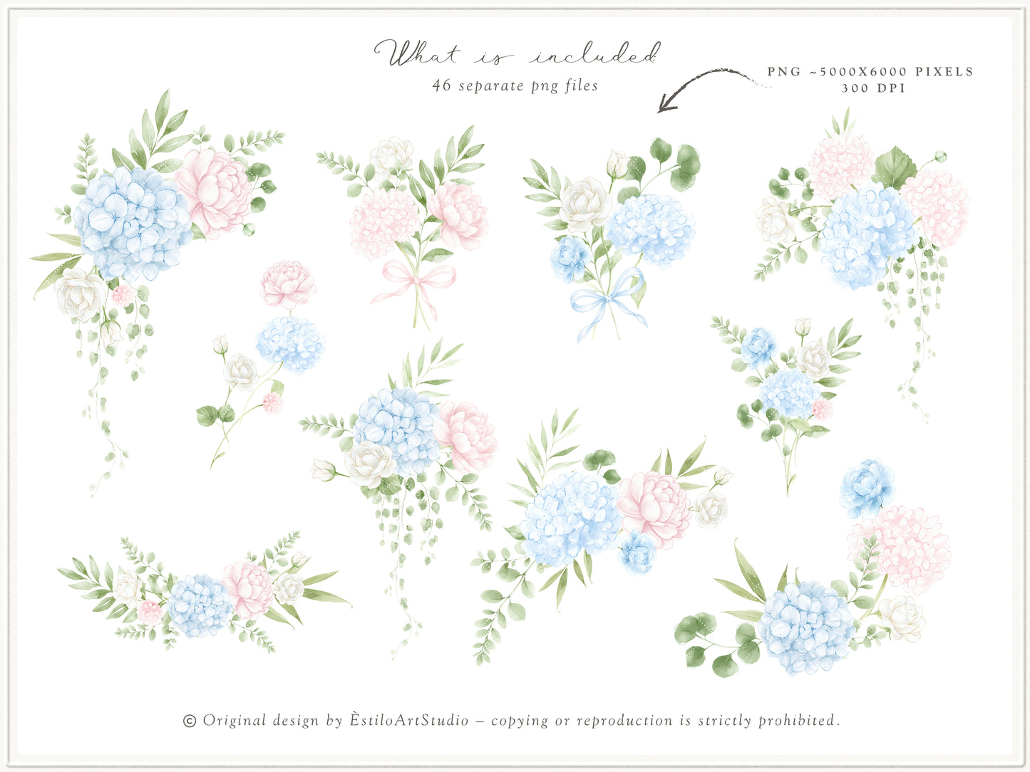 Grand Atelier - Floral Arrangements Clipart, Blue Hydrangea, Pink Peony Flowers, Baby Shower | 46 PNG