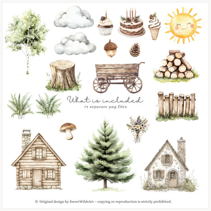 Birthday Woods - Woodland Animals, Cute Forest Party Clipart, Kids Party | 74 PNG
