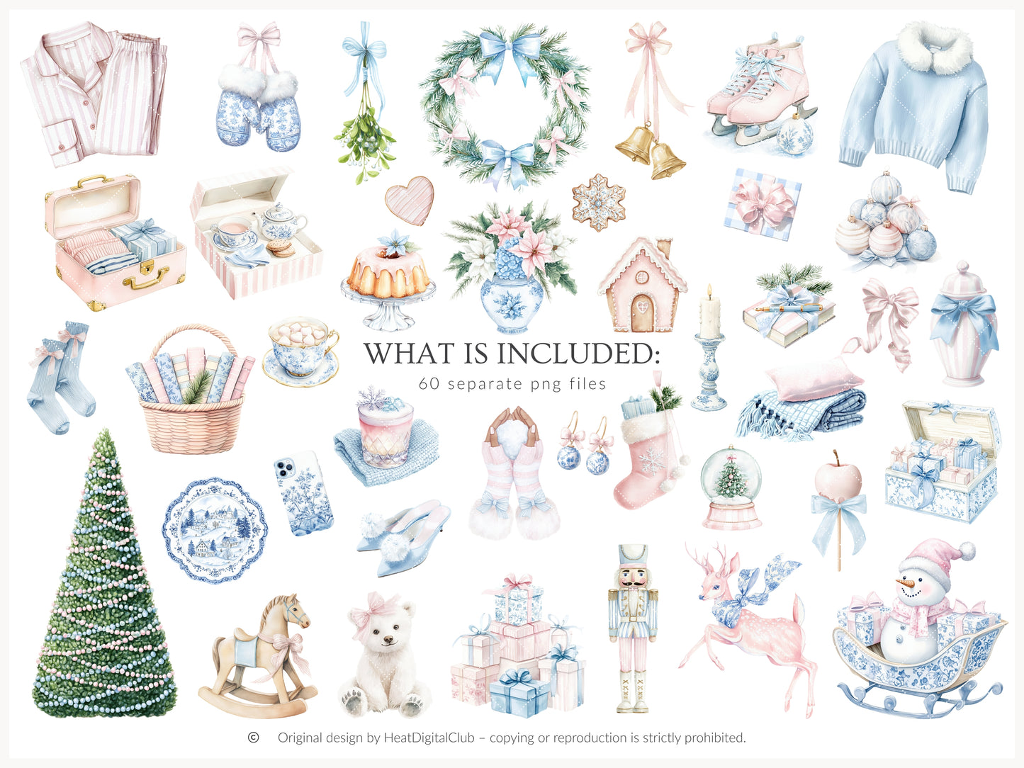 Pastel Noël - Christmas Clipart, Grandmillennial Winter, Pink & Blue Holiday | 60 PNG