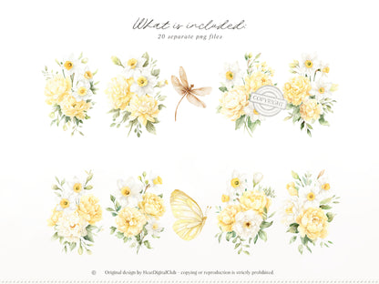 Summer Aperitivo - Floral Arrangements Clipart, Italian Citrus Flowers, Narcissus Bouquet, Yellow Botanical | 20 PNG