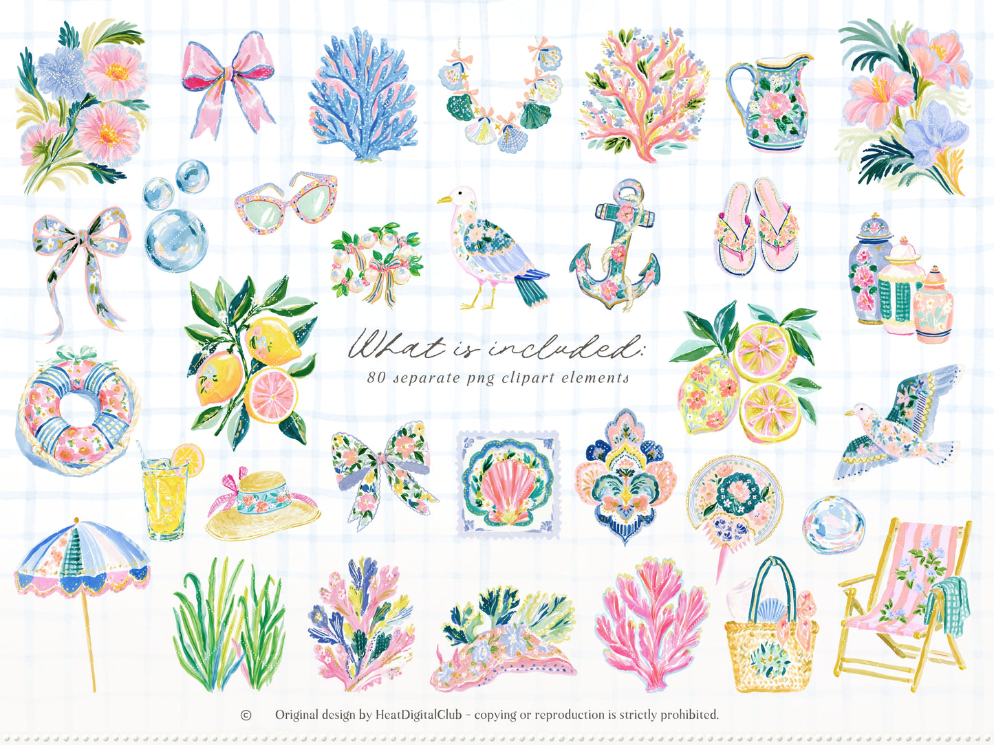 The Preppy Sea - Watercolor Clipart Bundle, Tropical Reef, Sea Creatures, Summer Beach | 143 PNG/JPEG