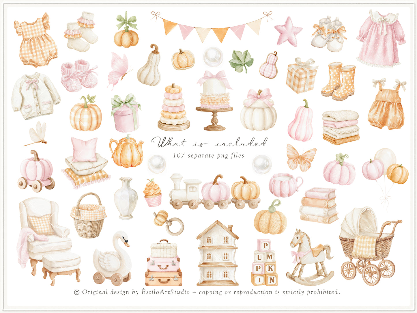 Pumpkin Atelier - Clipart, Fall Autumn Baby Shower, Little Pumpkin Birthday, Girl Fall, Seamless Patterns | 121 PNG/JPEG