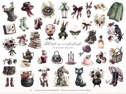 Haunted Spring - Gothic Spring Clipart, Dark Floral Clipart, Moody Spring, Cottagecore | 61 PNG