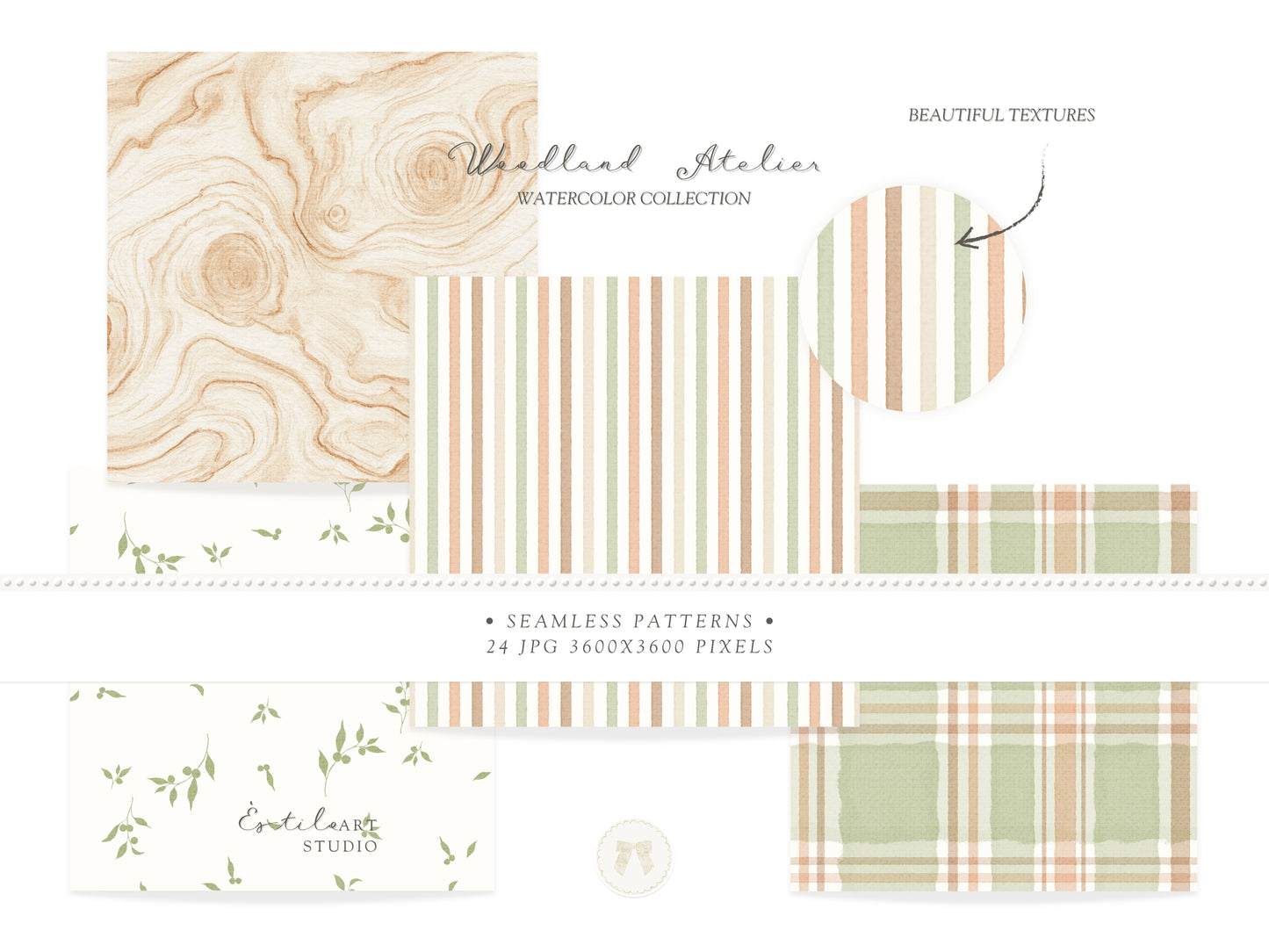 Woodland Atelier - Seamless Patterns, Forest Animals Nursery, Gingham Stripes Plaid, Woodland Fabric Design | 24 JPEG