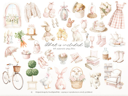 Easter Blush - Clipart, Elegant Easter, Pastel Pink Spring, Cottagecore, Bunny | 60 PNG