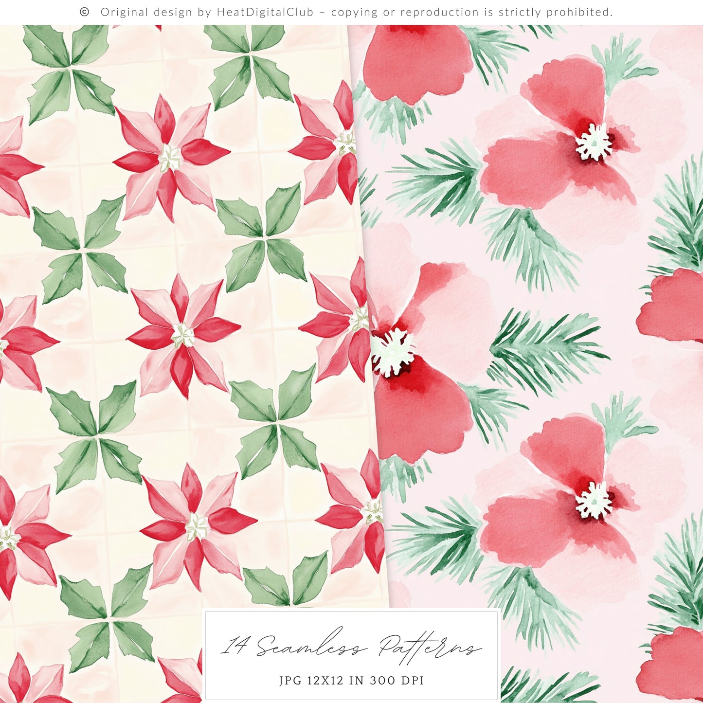 Merry Christmas - Seamless Patterns Set 1, Grandmillennial Holiday, Stripes, Plaid | 14 JPEG