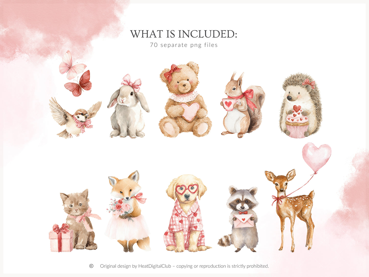 Heart to Heart - Valentine's Day Clipart, Cute Animals, Hearts, Bows, Romantic Love | 70 PNG