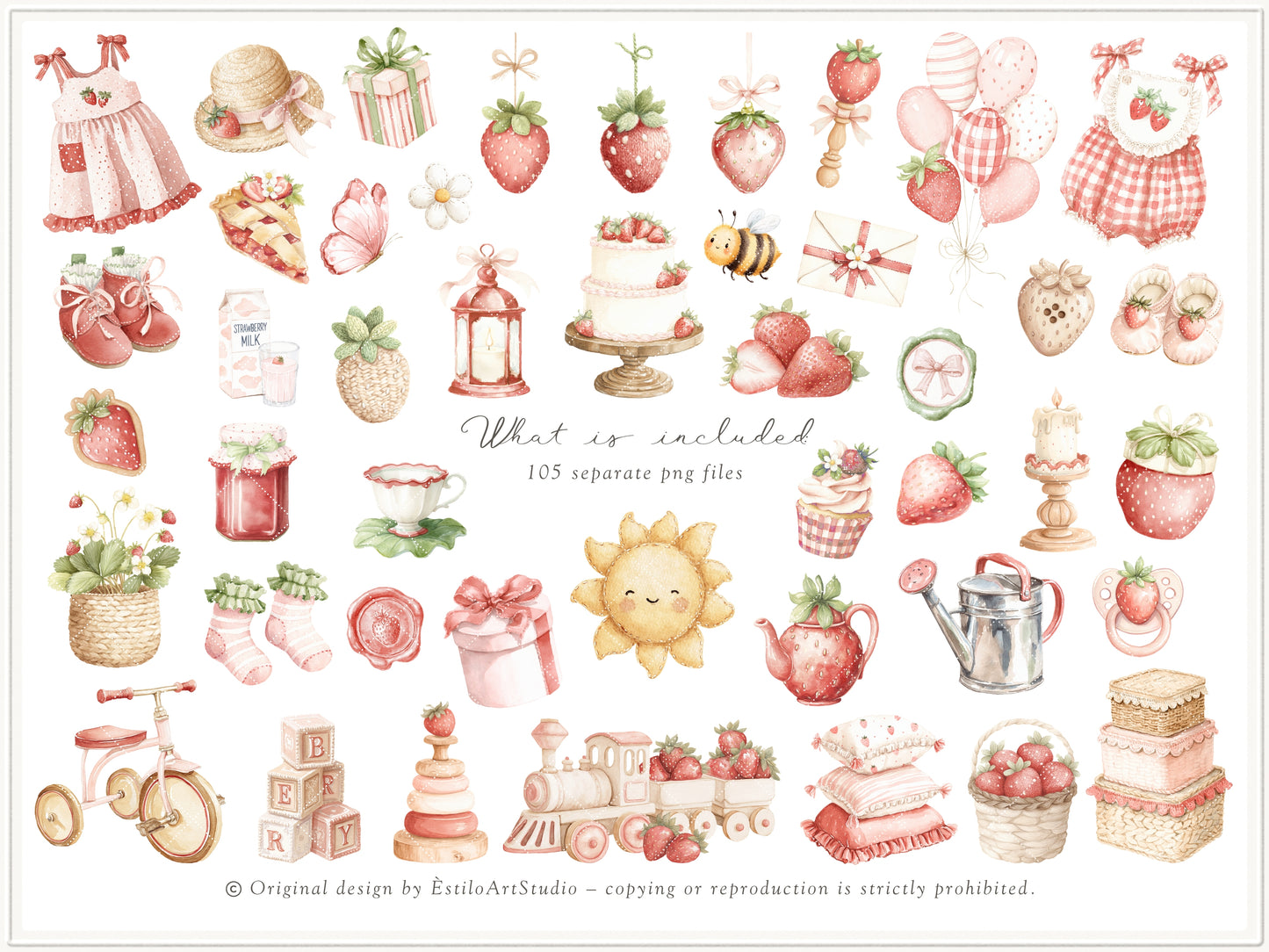 Strawberry Atelier - Bundle Clipart, Cottagecore Nursery, Baby Girl Birthday, Heirloom Toys, Spring | 119 PNG/JPEG