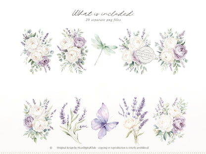 Pistachio Lavender - Floral Arrangements Clipart, Ivory Peony & Lavender Bouquet, Spring French Botanical | 20 PNG