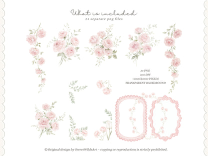 Sweet Coquettes - Floral Arrangements Clipart, Pink Roses Bouquet, Coquette Flowers, Baby Shower Florals | 24 PNG