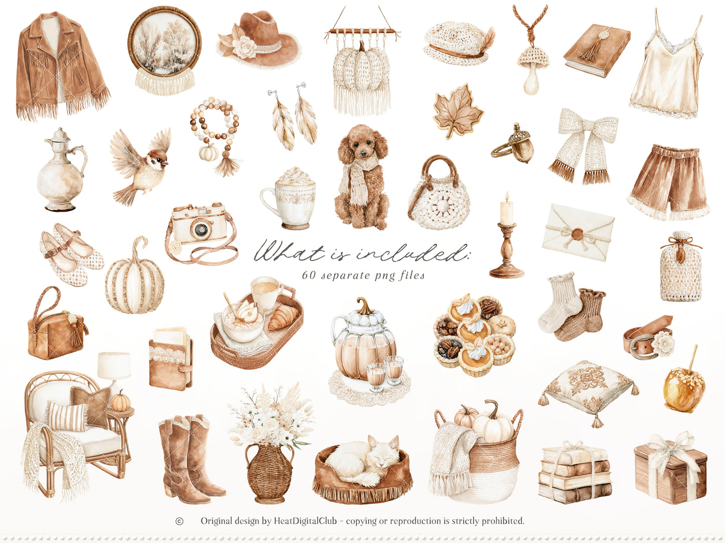 Bohemian Fall - Boho Autumn Clipart, Western Fall Graphics, Pumpkin, Cottage Fall | 60 PNG