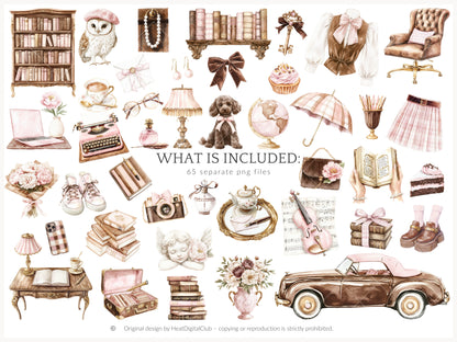 Blush Academia - Light Academia, Study Girls Clipart, Books, Bookworm | 65 PNG