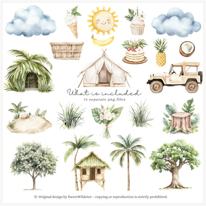 Birthday Tropics - Jungle Clipart, Baby Animals, Tropical, Safari Nursery | 75 PNG