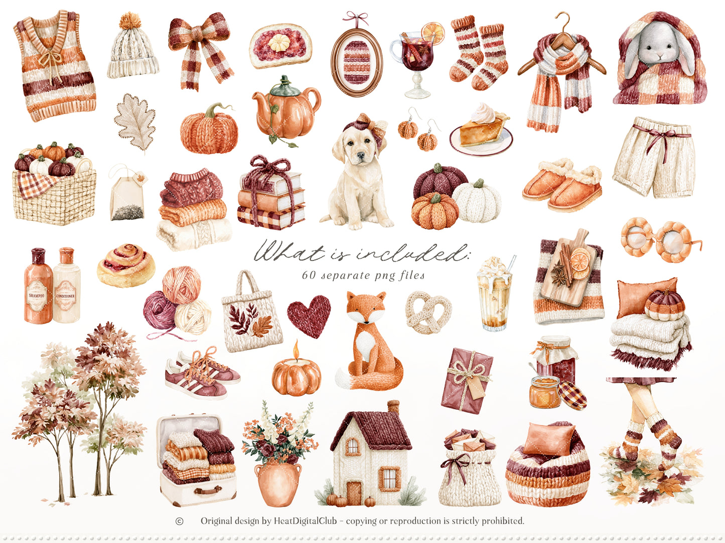 Knitted Fall - Clipart, Cozy Autumn Clipart, Pumpkin Aesthetic, Fall Cottagecore | 60 PNG