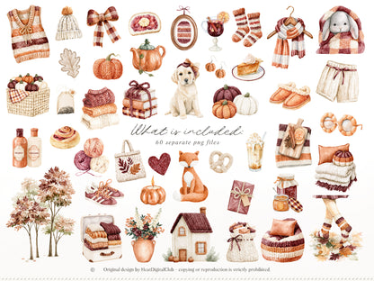 Knitted Fall - Clipart, Cozy Autumn Clipart, Pumpkin Aesthetic, Fall Cottagecore | 60 PNG