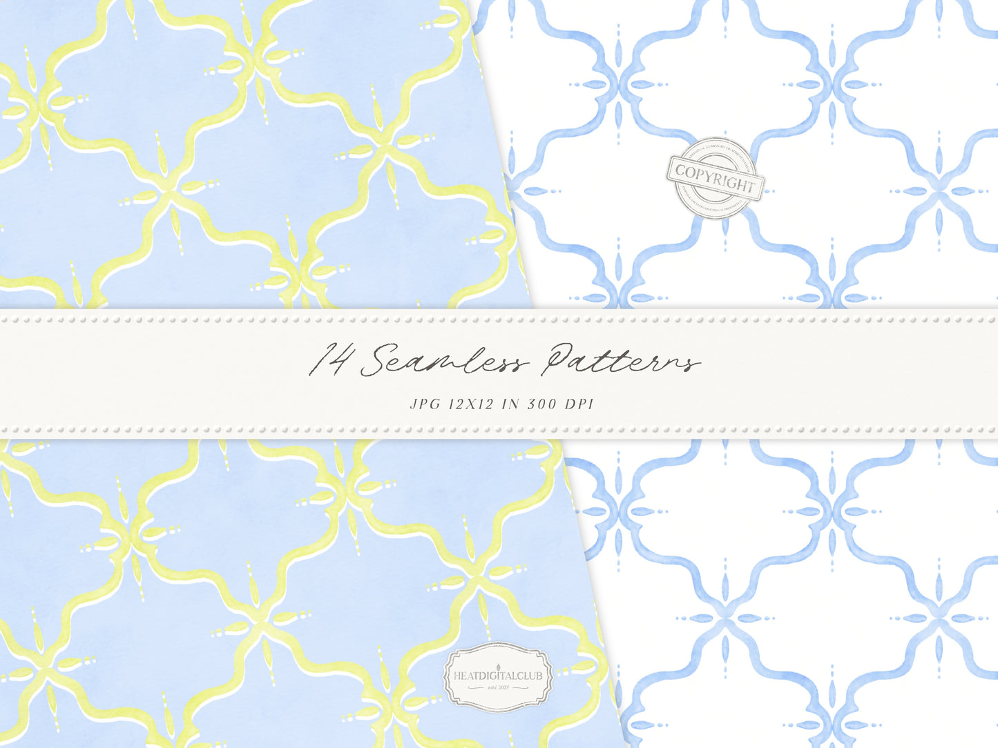 Grandmillennial Set 6 - Seamless Patterns, Italian Lemon Floral, Blue Yellow Tile, Plaid Digital Repeating Pattern | 14 JPEG