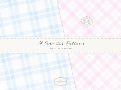 Grandmillennial Set 5 - Seamless Patterns, Pastel Floral, Stripes, Plaid, Pink & Blue Digital Repeating Pattern | 14 JPEG