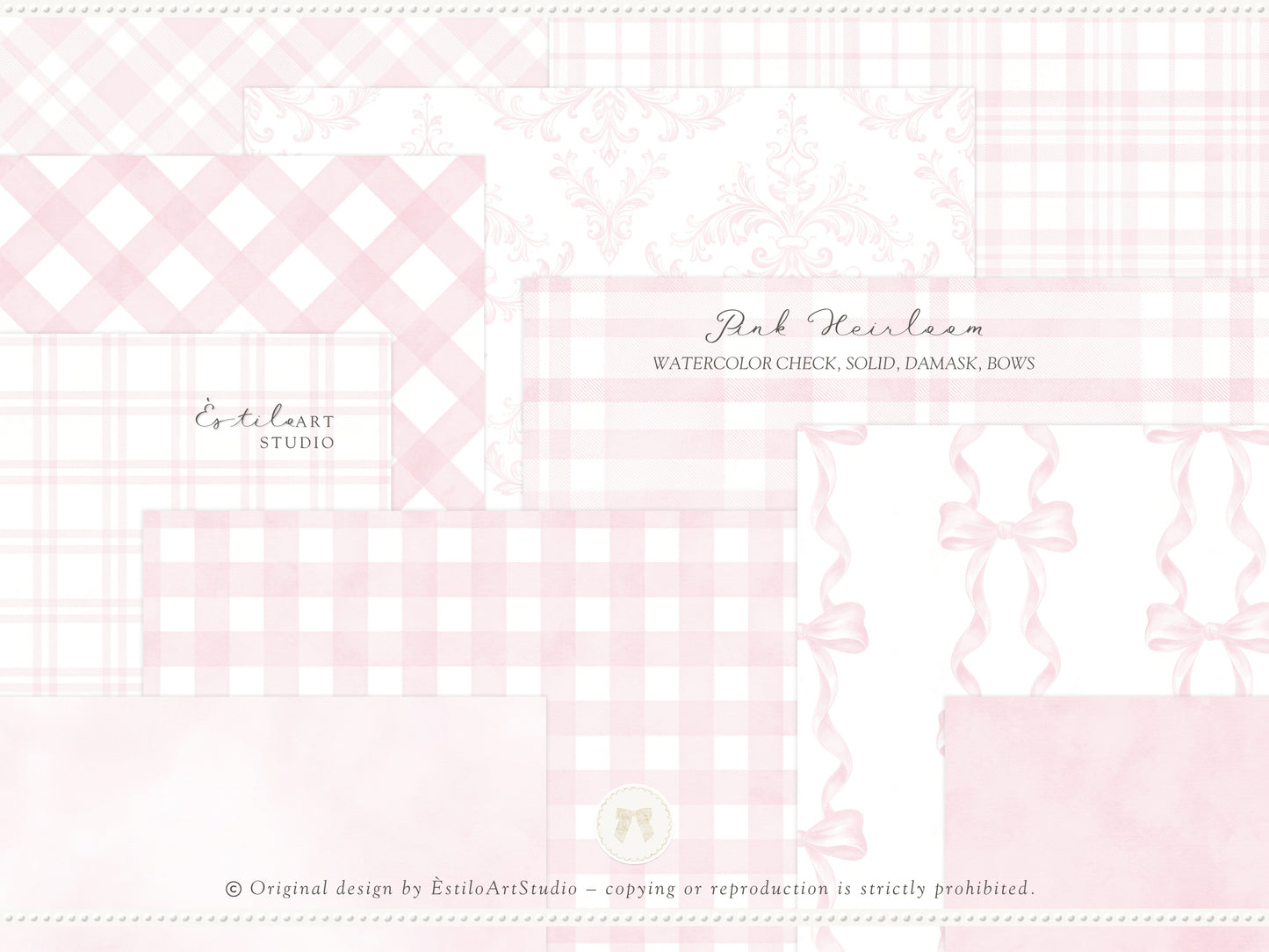 Pink Heirloom - Seamless Patterns, Classic Stripe Gingham Damask Bows Repeating, Elegant Pink Digital Paper | 20 JPEG