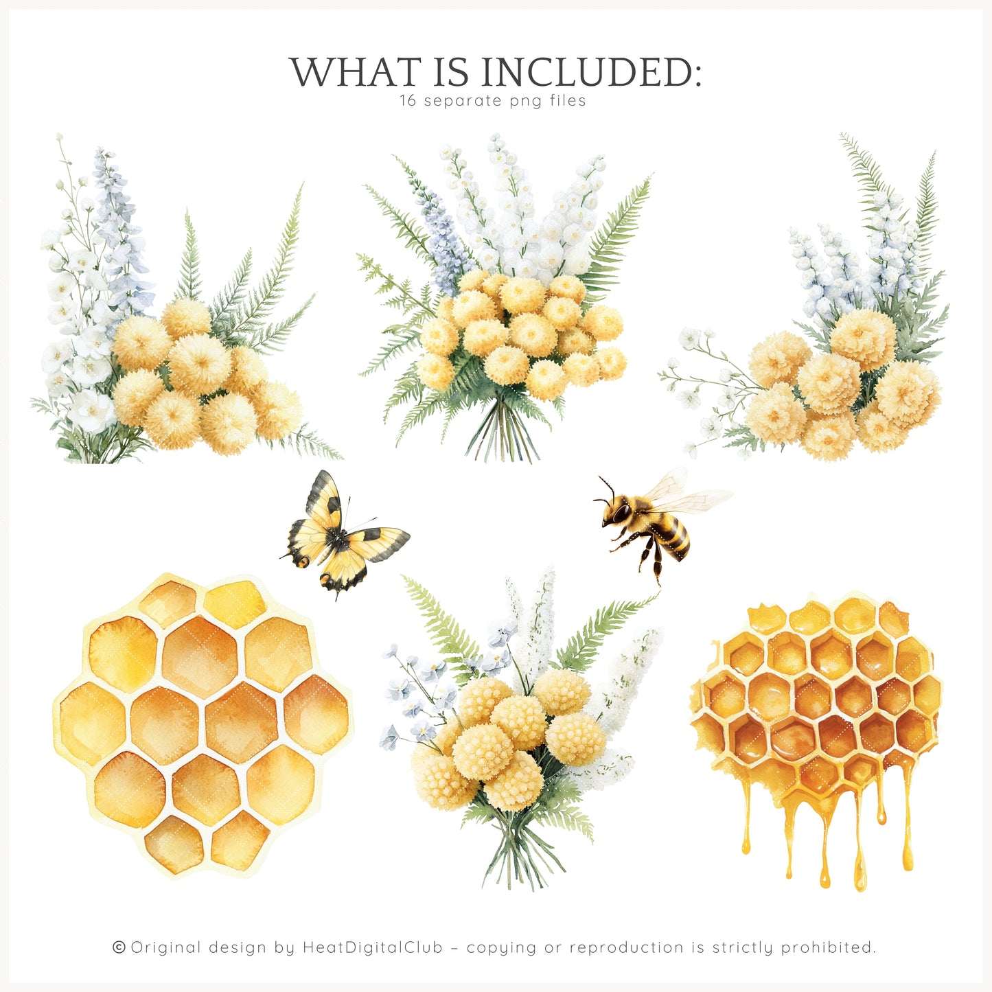 Honey Garden - Floral Arrangements, Yellow Bee Flowers, Chrysanthemum | 16 PNG