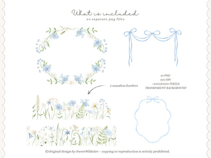 Sweet Wilds - Flowers Clipart, Meadow Flowers, Light Blue Floral, Wildflower Baby Shower | 70 PNG/JPEG
