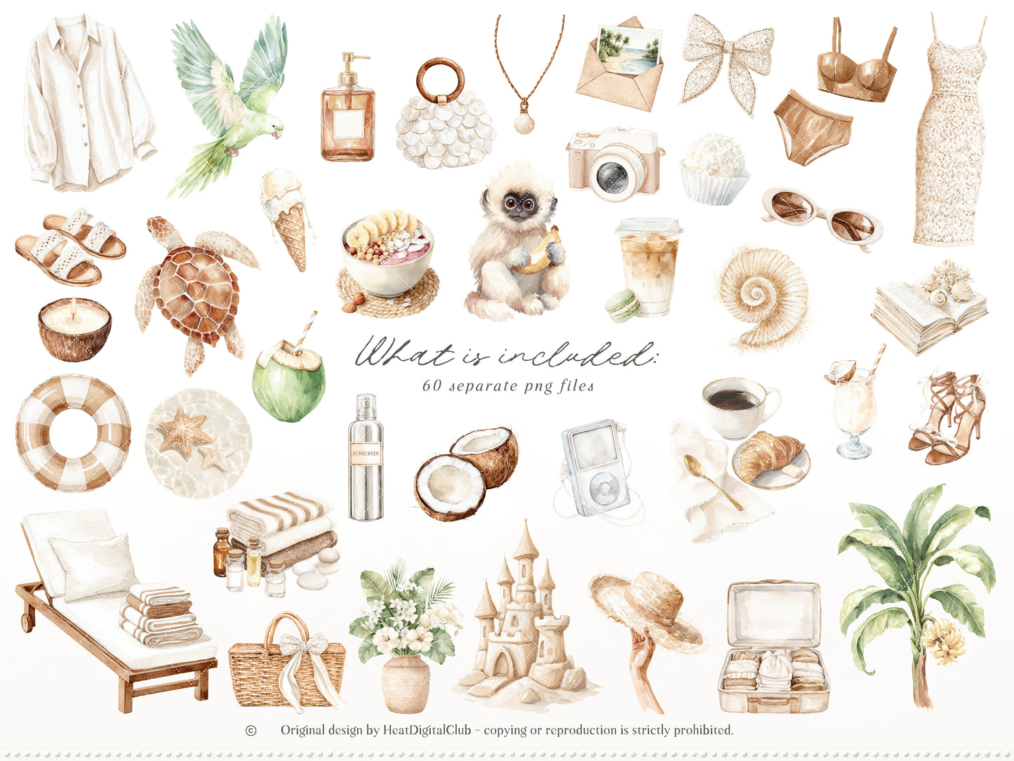 Coconut Dune - Tropical Summer Clipart, Beach Aesthetic, Neutral Coastal Elements, Resort Vacation | 60 PNG