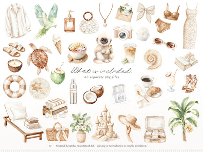Coconut Dune - Tropical Summer Clipart, Beach Aesthetic, Neutral Coastal Elements, Resort Vacation | 60 PNG