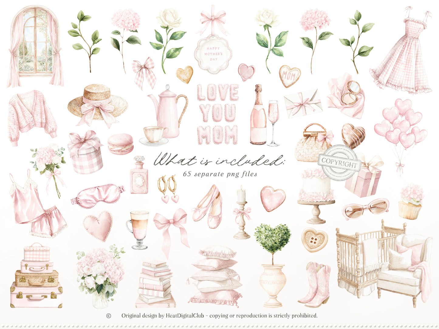 Mother's Day - Clipart, Mom & Baby, Animals, Soft Pink, Love you Mom, Feminine | 75 PNG/JPEG