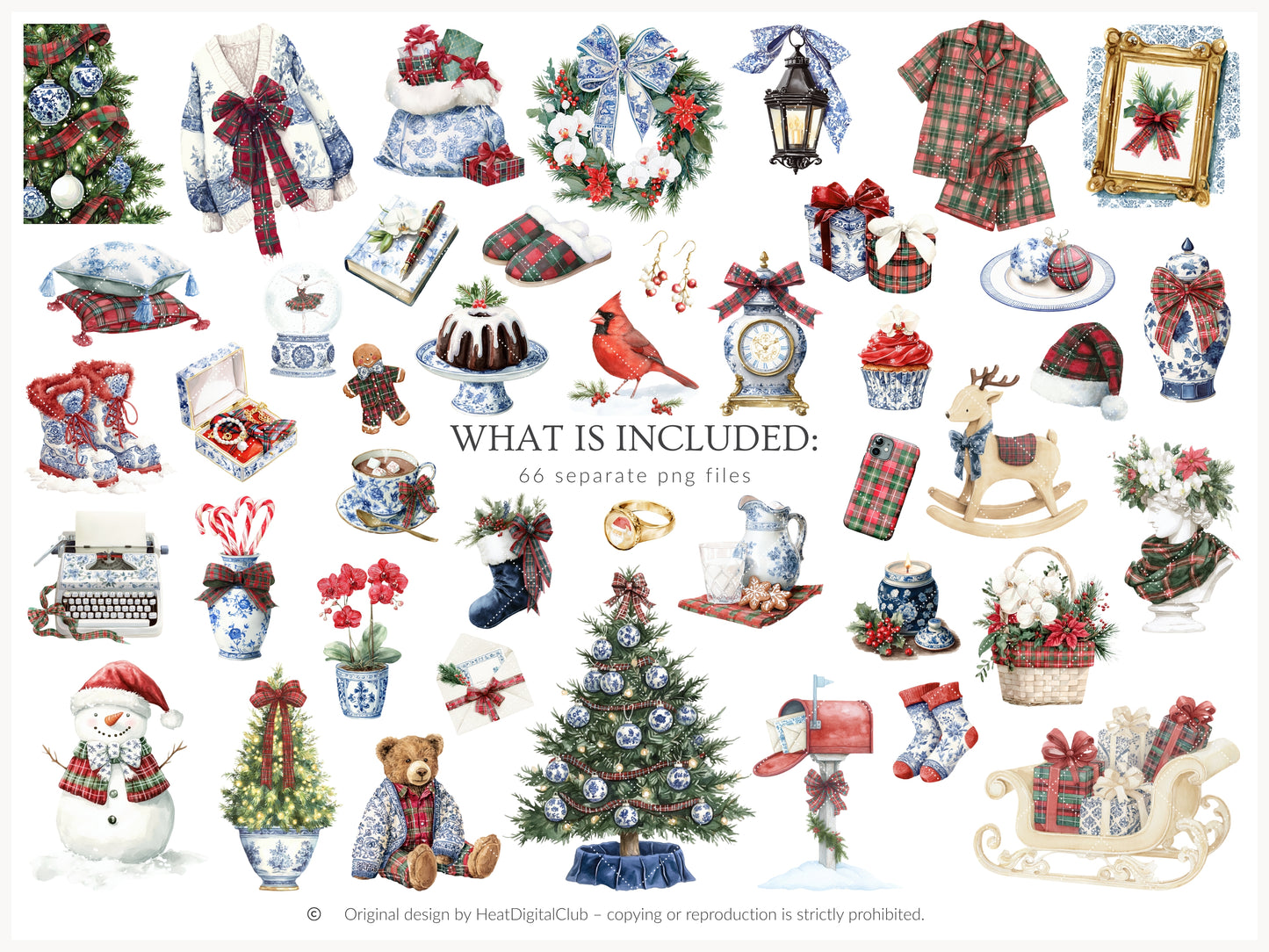 Chinoiserie Holidays - Clipart Set, Christmas, Tartan, Elegant Grandmillennial Winter | 66 PNG