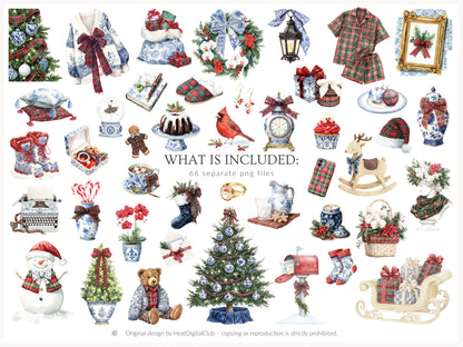 Chinoiserie Holidays - Clipart Set, Christmas, Tartan, Elegant Grandmillennial Winter | 66 PNG