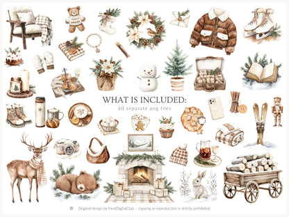 Winter Cocoa - Clipart Set, Elegant Cozy Christmas | 60 PNG