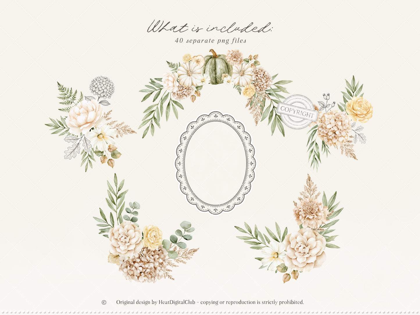 Beloved Fall - Autumn Floral Arrangements Clipart, Pumpkin Flowers, Neutral Fall Flowers, Botanical |