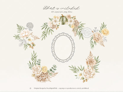 Beloved Fall - Autumn Floral Arrangements Clipart, Pumpkin Flowers, Neutral Fall Flowers, Botanical |