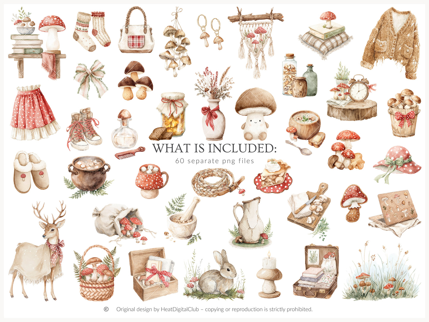 Mushroom Garden - Cottage Clipart, Forest Mushroomcore, Woodland Mushrooms, Cottagecore | 60 PNG