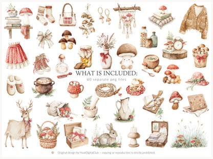 Mushroom Garden - Cottage Clipart, Forest Mushroomcore, Woodland Mushrooms, Cottagecore | 60 PNG