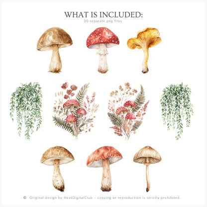 Mushroom Garden - Floral Arrangements, Mushroom Flowers, Forest Botanical Clipart, Cottagecore Florals | 20 PNG