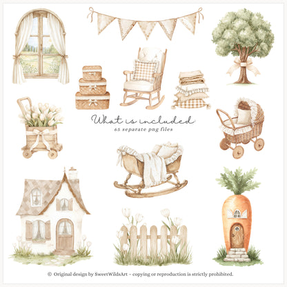 Gentle Meadow - Bunny Clipart, Cute Easter Rabbits, Neutral Cottagecore, Baby Shower, Nursery | 65 PNG