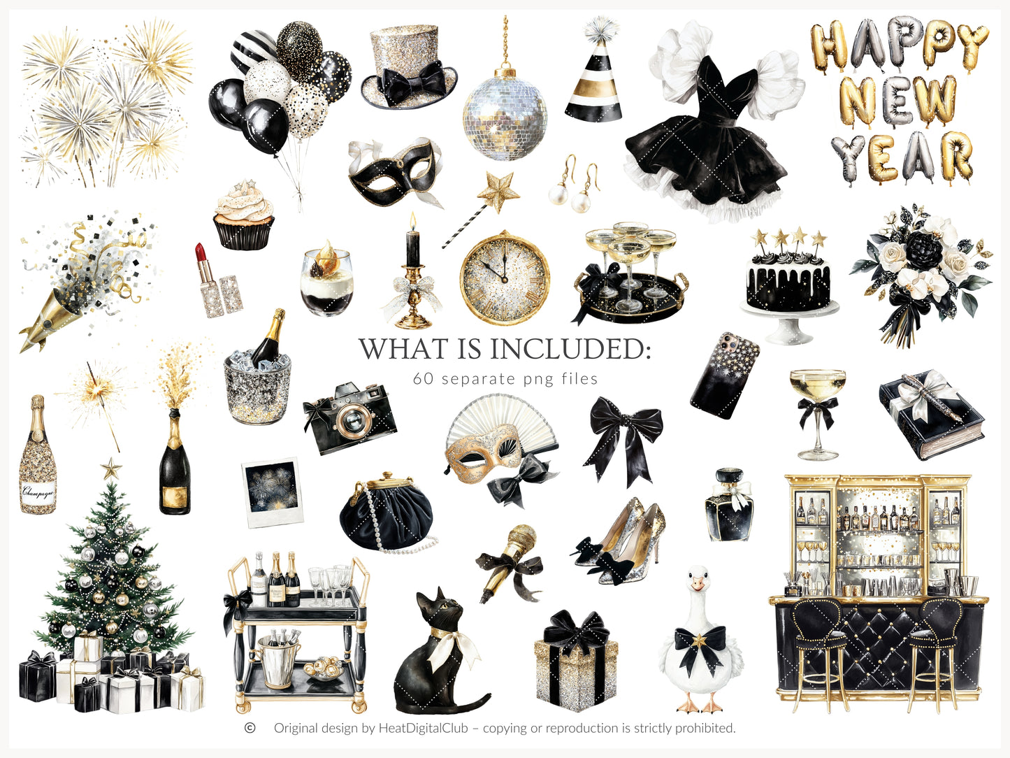 Happy New Year - Clipart, Black Gold Silver Party,  Balloons Champagne, Holiday | 60 PNG
