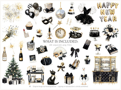 Happy New Year - Clipart, Black Gold Silver Party,  Balloons Champagne, Holiday | 60 PNG