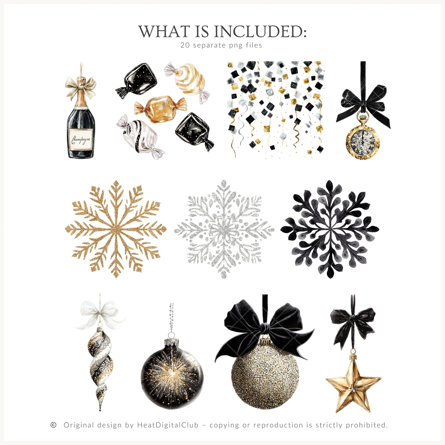 Happy New Year - Floral Arrangements Clipart, Black White Gold, Holiday Bouquet | 20 PNG