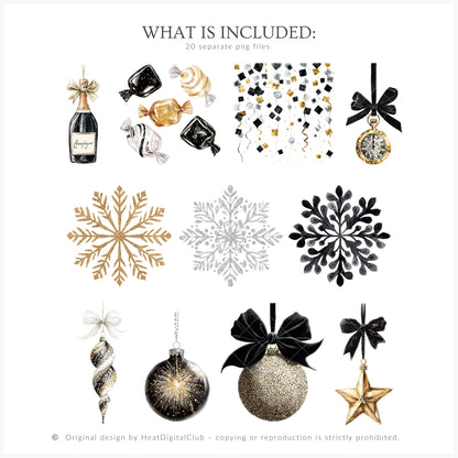 Happy New Year - Floral Arrangements Clipart, Black White Gold, Holiday Bouquet | 20 PNG