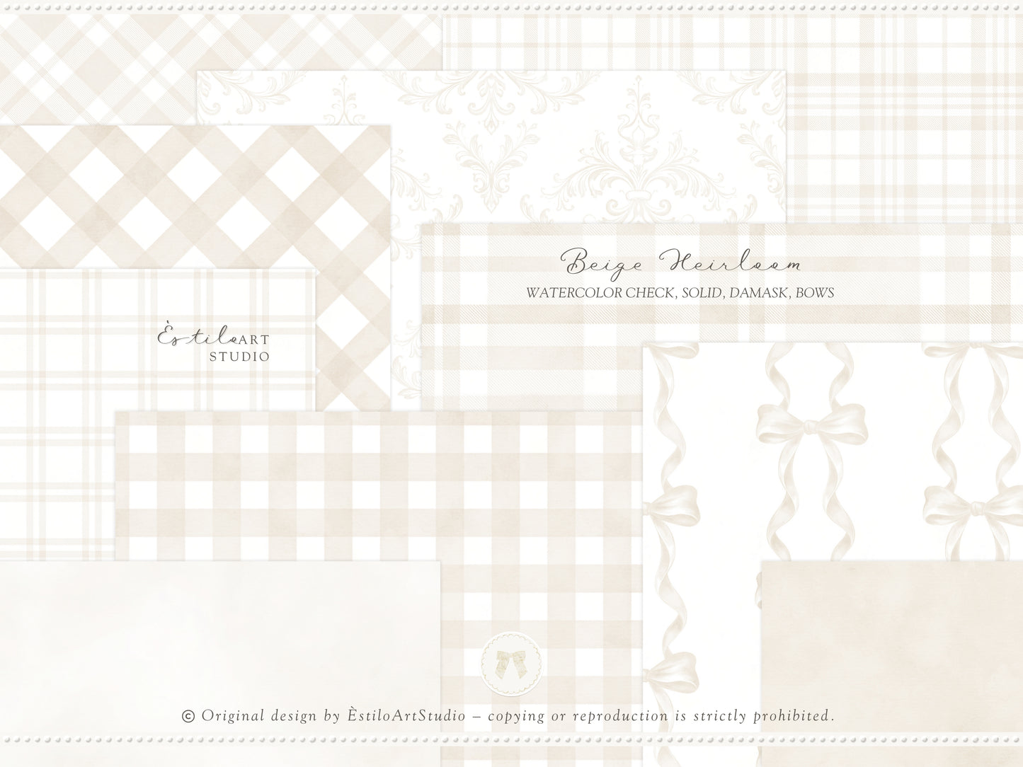 Beige Heirloom - Seamless Patterns, Classic Stripe Gingham Damask Bows, Elegant Neutral Digital Paper | 20 JPEG
