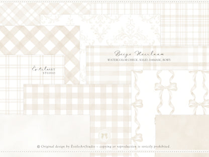 Beige Heirloom - Seamless Patterns, Classic Stripe Gingham Damask Bows, Elegant Neutral Digital Paper | 20 JPEG