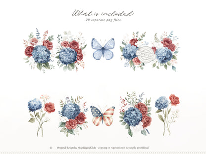 Quiet Americana - Floral Arrangements Clipart, Hydrangea Roses, Patriotic Flowers, Bouquets, 4th of July | 20 PNG