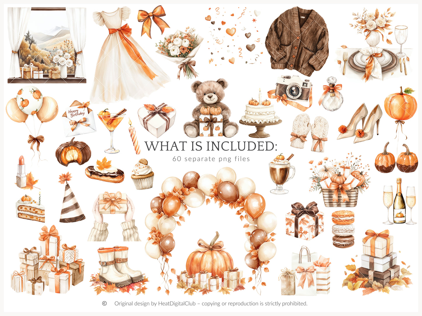 Born In Fall - Birthday Girl Clipart, Autumn Balloons, Cakes and Gifts, Party | 60 PNG