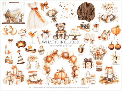Born In Fall - Birthday Girl Clipart, Autumn Balloons, Cakes and Gifts, Party | 60 PNG