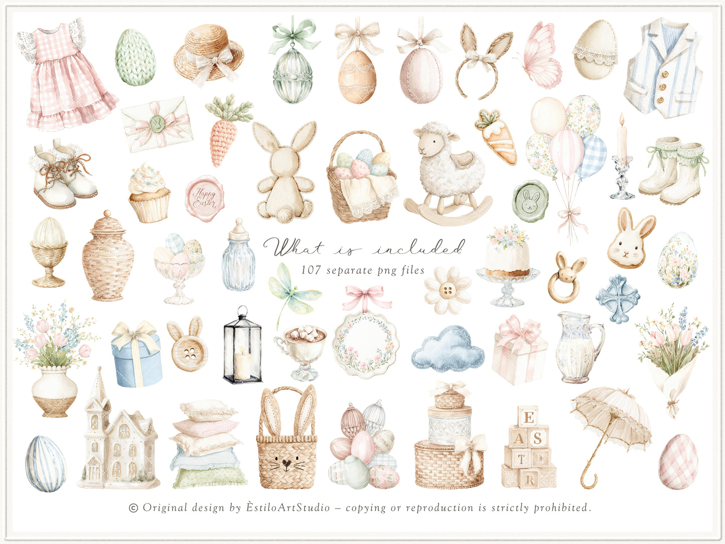 Easter Atelier - Clipart Set, Heirloom Nursery Easter, Plush Bunny Toys, Pastel Eggs | 117 PNG/JPEG
