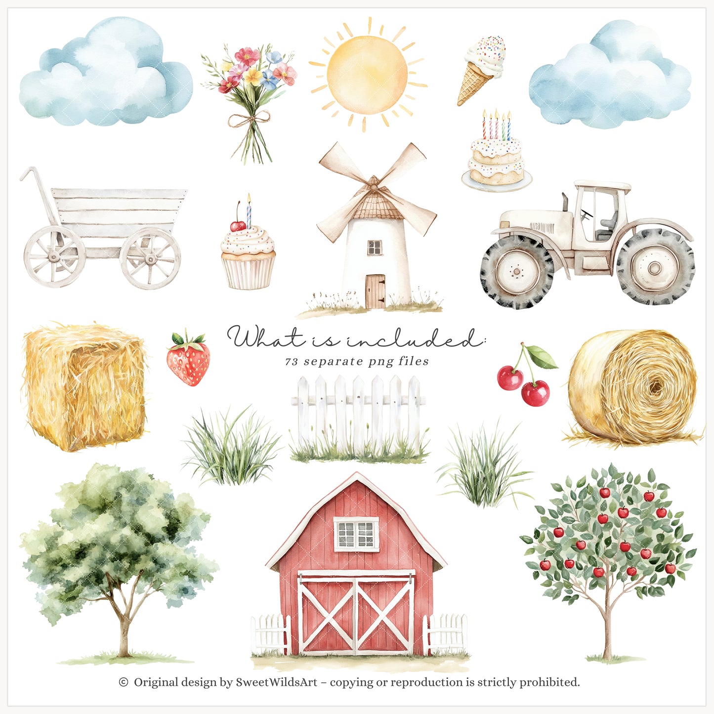 Birthday Barn - Farm Animal, Kids Party Clipart, Cow, Pig, Baby Shower | 73 PNG