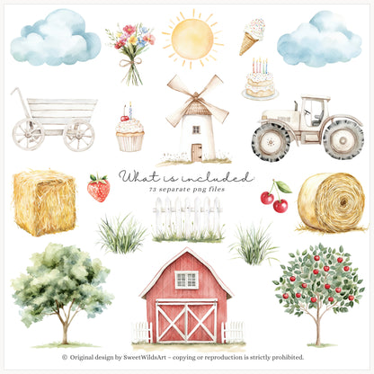 Birthday Barn - Farm Animal, Kids Party Clipart, Cow, Pig, Baby Shower | 73 PNG