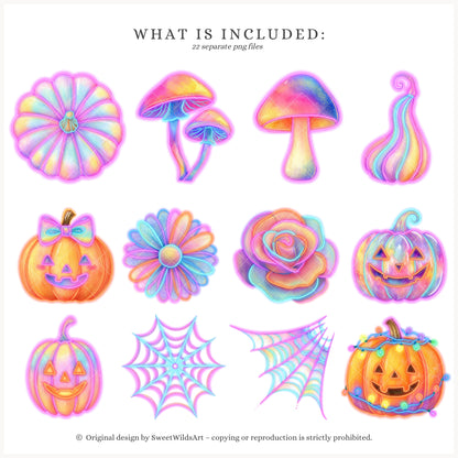 Glowlloween - Neon Halloween Floral Arrangements, Glowing Pumpkin, Flowers | 22 PNG