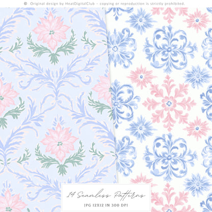 Merry Christmas - Seamless Patterns Set 3, Grandmillennial Holiday, Stripes, Plaid | 14 JPEG